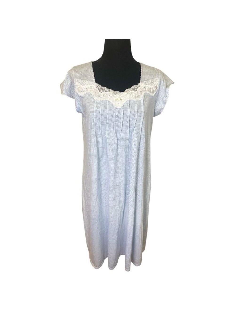 Vintage Sz S VILLAGER Liz Claiborne Blue Pin Dot Knit NIGHTGOWN Lace House Dress
